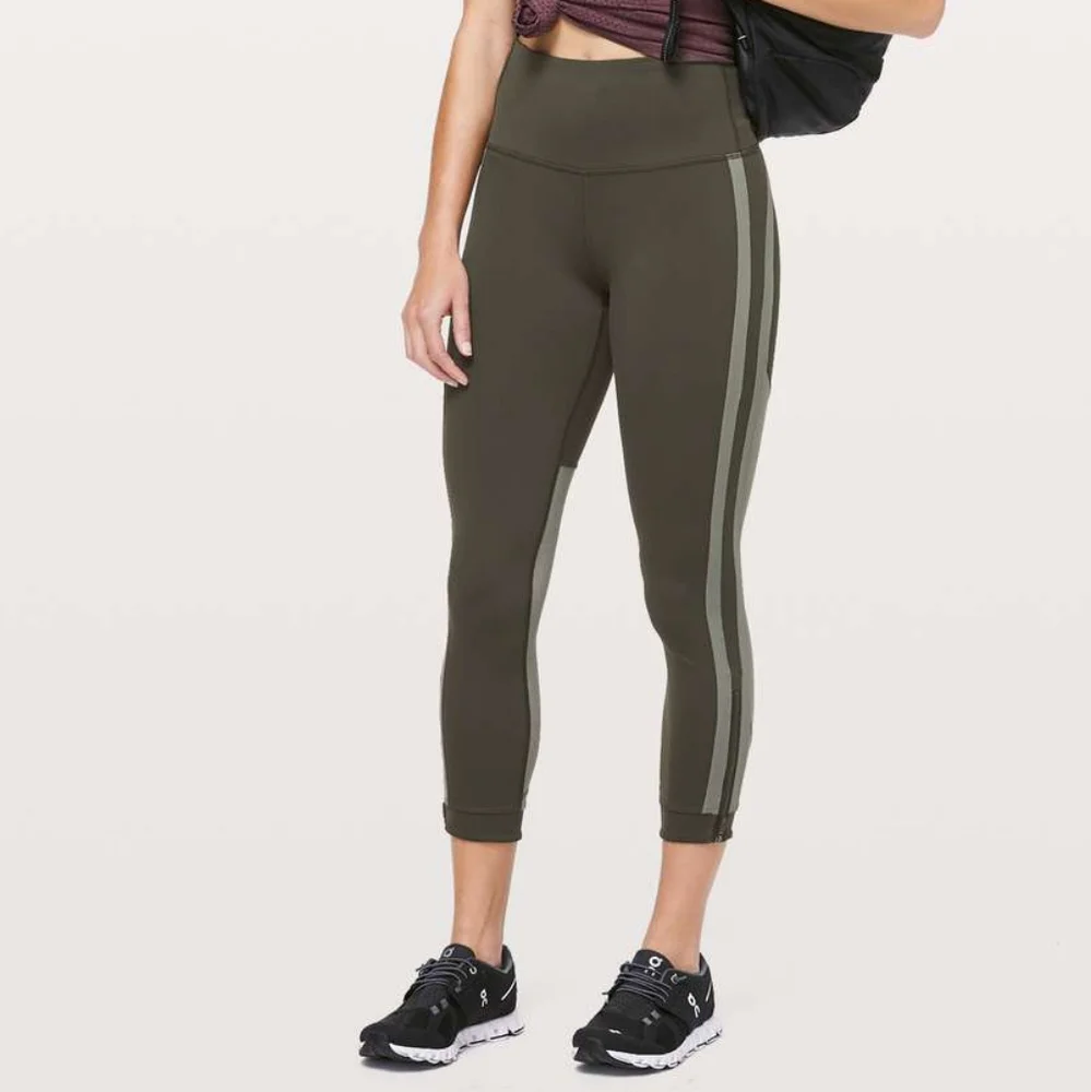 Lululemon Zip The Line Crop Leggings in Dark Olive / Grey Sage